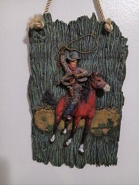 Rodeo Cowboy Roper With Horse 3D Western Wall Art Chalkware Hanging Plaque Decor